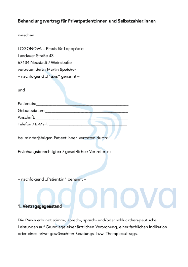 Behandlungsvertrag inkl. Preisliste